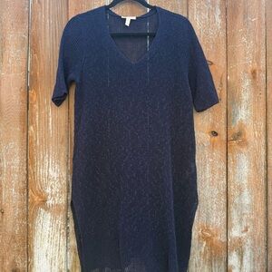 Eileen Fisher Womens Navy Blue Linen Knit Tunic Dress Short Sleeve Size Medium